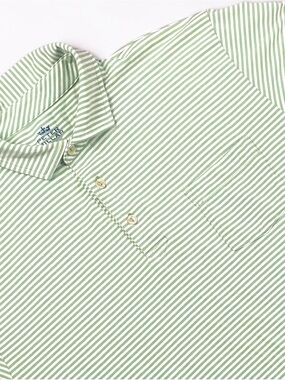 Peter Millar Seaside Wash Green & White Stripe Polo Shirt Size Medium Golf Prep